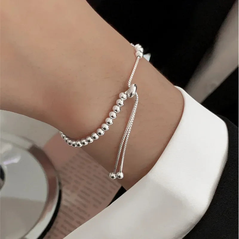 100% Solid 925 Sterling Silver Metal Bracelets for Women Men Beads Adjustable Handmade Simple Bracelet Birthday Christmas Gift