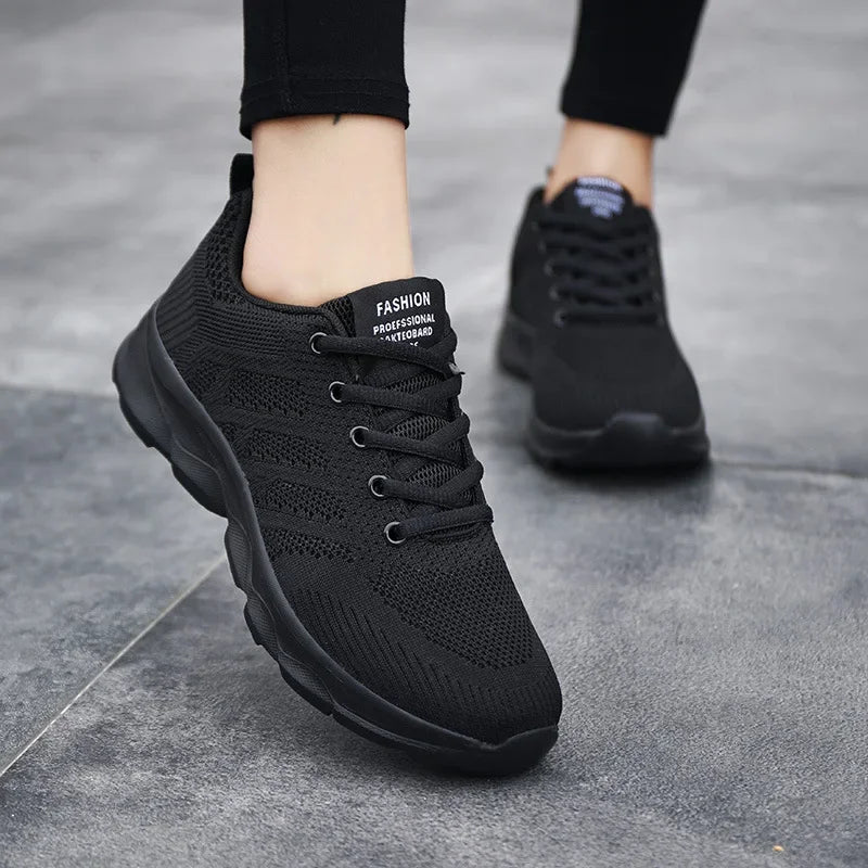 Women's Black Breathable Knitted Sneakers Casual Lace Up Outdoor Walking Shoes Comfortable Fashionable Versatile Tennis Shoes