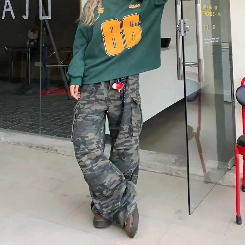 Women Y2K Camouflage Cargo Jeans Vintage High Waist Hip Hop Wide Leg Pants Female Street Wear Baggy Straight Denim Trouser - Premium Kiosk