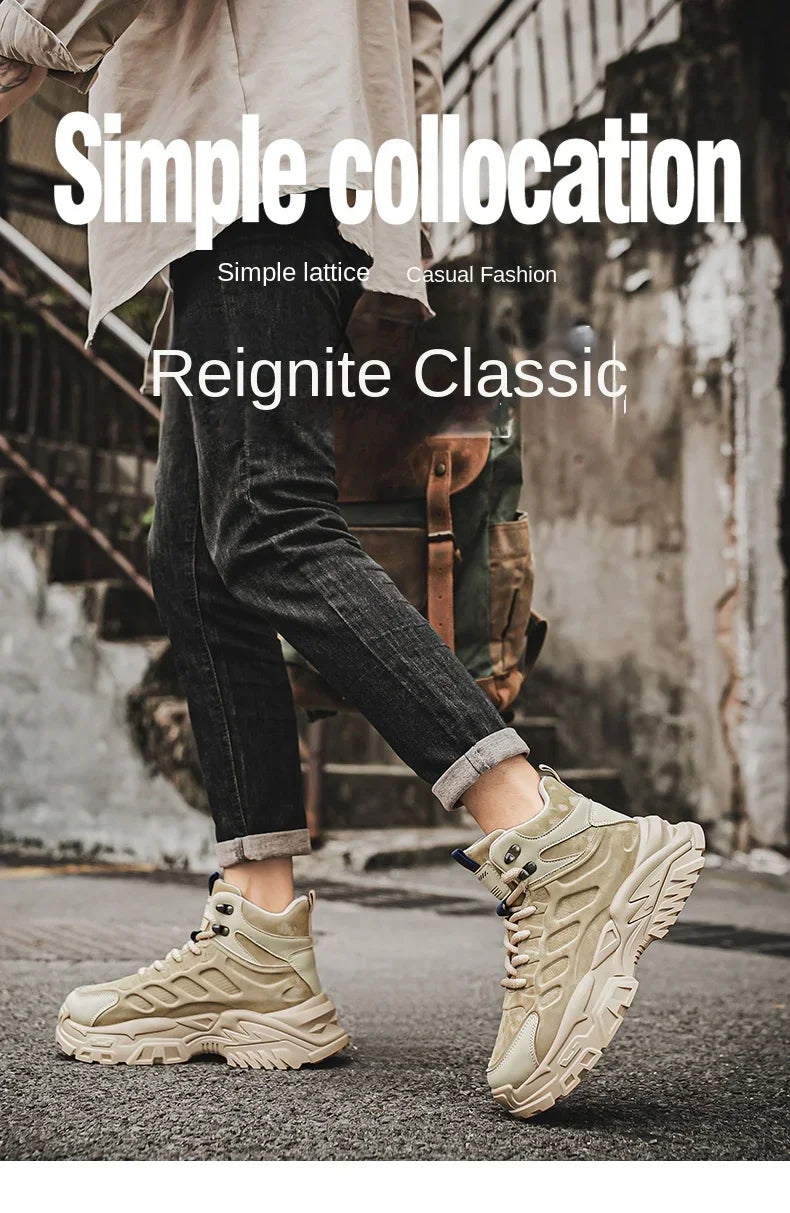 2025 Men's high-top thick-sole casual shoes versatile mixed material daddy sneakers outdoor tooling wear-resistant men's shoes