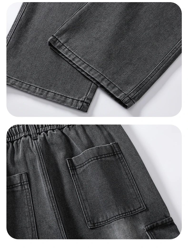 Men's Straight Cargo Jeans New Elastic Waist Multi-pockets Baggy Denim Pants Y2K Fashion Harajuku Streetwear Trousers Male - Premium Kiosk