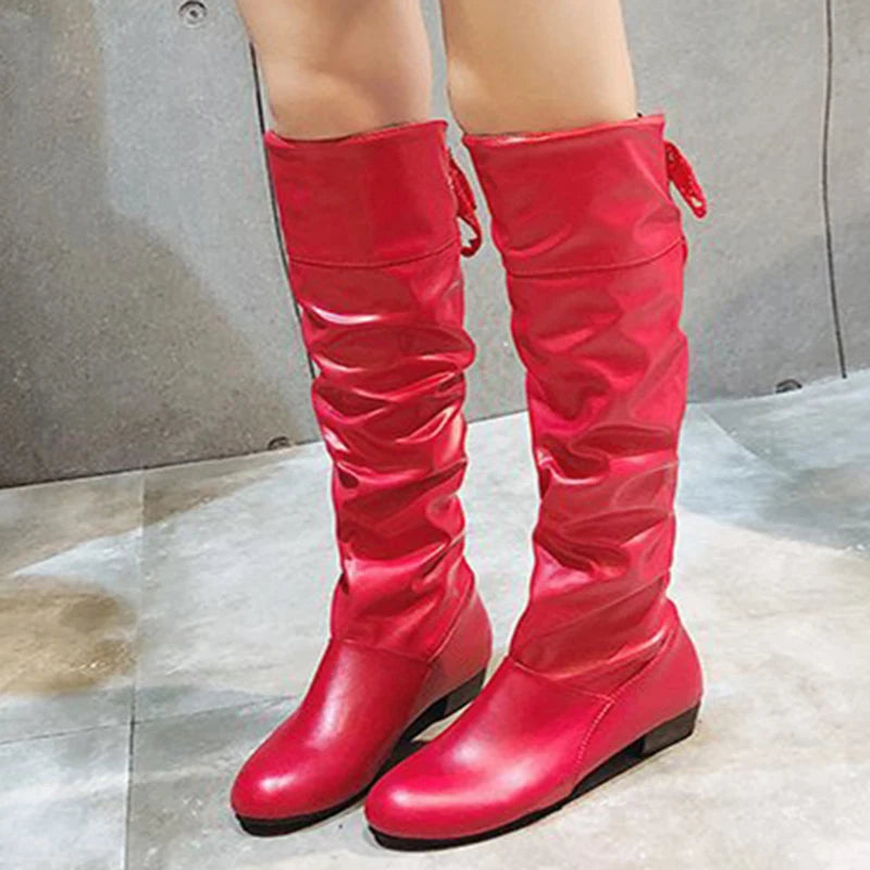 2024Shoes For Women Knee High Boots Red Black White Tall Boots Woman Pleated Low Heel Casual Leather Female Long Shoes
