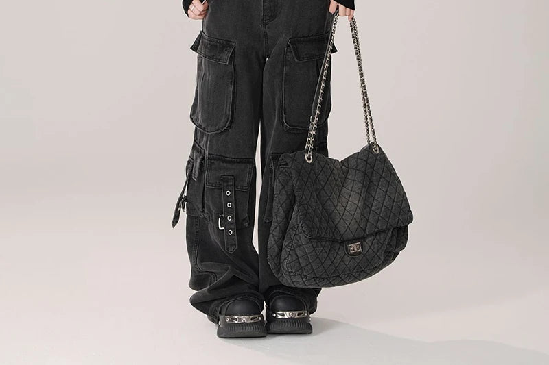 Y2K 2000S Black Cargo Jeans Women Vintage Streetwear Wide Leg Denim Pants Harajuku Aesthetic High Waist Baggy Straight Trousers - Premium Kiosk