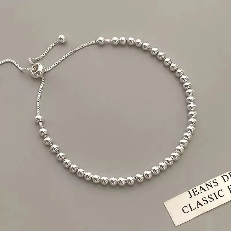 100% Solid 925 Sterling Silver Metal Bracelets for Women Men Adjustable Beads Handmade Simple Birthday Christmas Gift