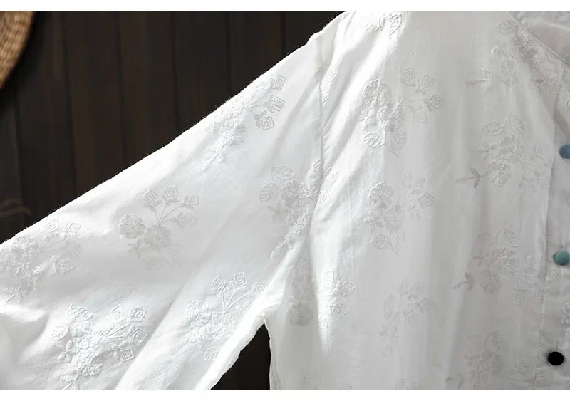 2025 Women's elegant blouse 100% cotton bohemian stand collar long sleeve white embroidery shirts female