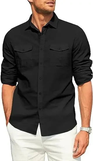Men's Shirt Double-pocket Long-sleeved Shirt Casual Holiday Shirt Solid Color Simple Lapel Solid Color Work Shirt Top Shirt