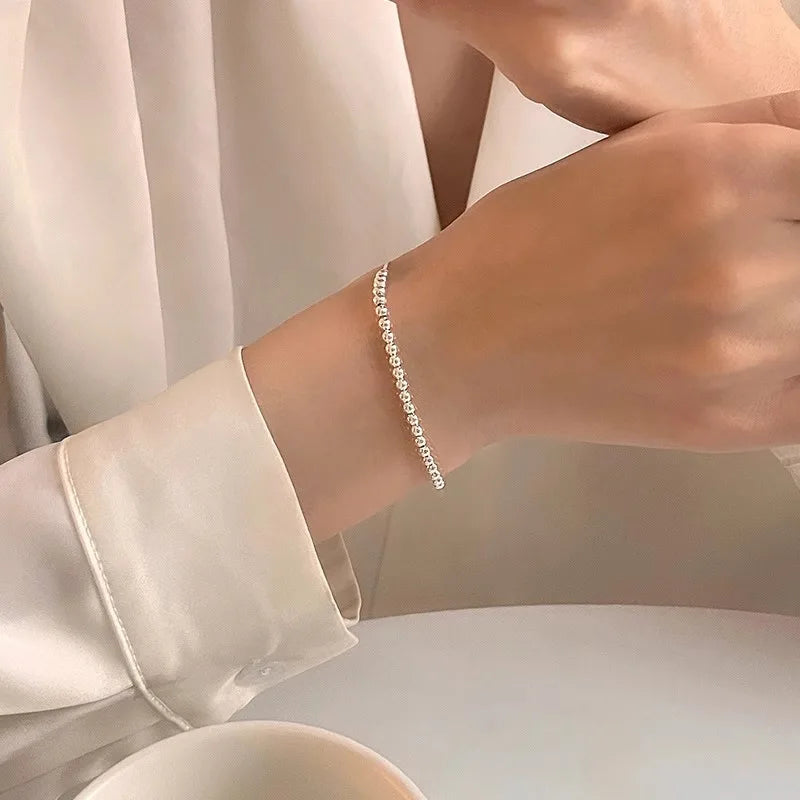 100% Solid 925 Sterling Silver Metal Bracelets for Women Men Beads Adjustable Handmade Simple Bracelet Birthday Christmas Gifts