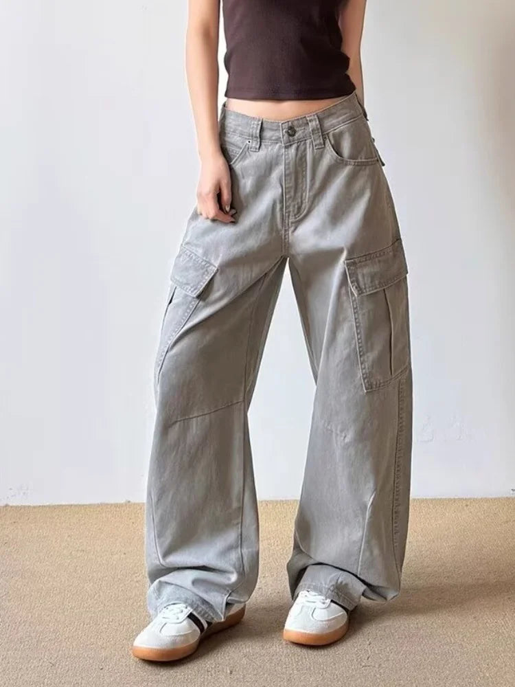 2025 Ropa Y2K Fashion Vintage Grey Baggy Cargo Jeans Pants For Women Clothing Wide Leg Kpop Casual Lady Trousers Pantalon Femme - Premium Kiosk