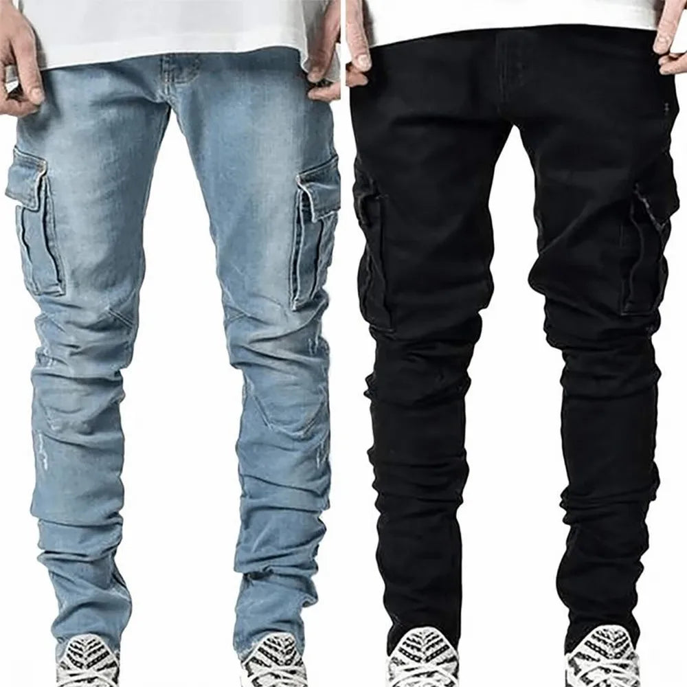 Street Elastic Jeans Men Denim Cargo Pants Wash Solid Color Multi Pockets Casual Mid Waist Trousers Slim Fit Daily Wear Joggers - Premium Kiosk
