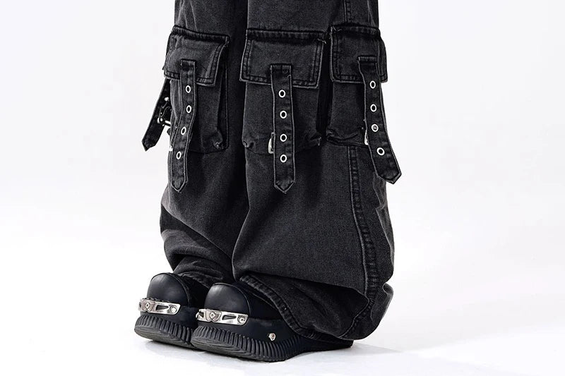 Y2K 2000S Black Cargo Jeans Women Vintage Streetwear Wide Leg Denim Pants Harajuku Aesthetic High Waist Baggy Straight Trousers - Premium Kiosk