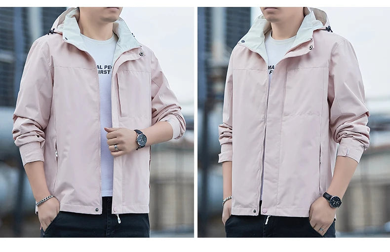 Jacket Men's 2025 Spring and Autumn Fashion Casual Waterproof Hooded Windbreaker Male Outdoor Camping Sports Solid Color Coat