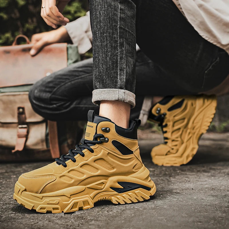 2025 Men's high-top thick-sole casual shoes versatile mixed material daddy sneakers outdoor tooling wear-resistant men's shoes