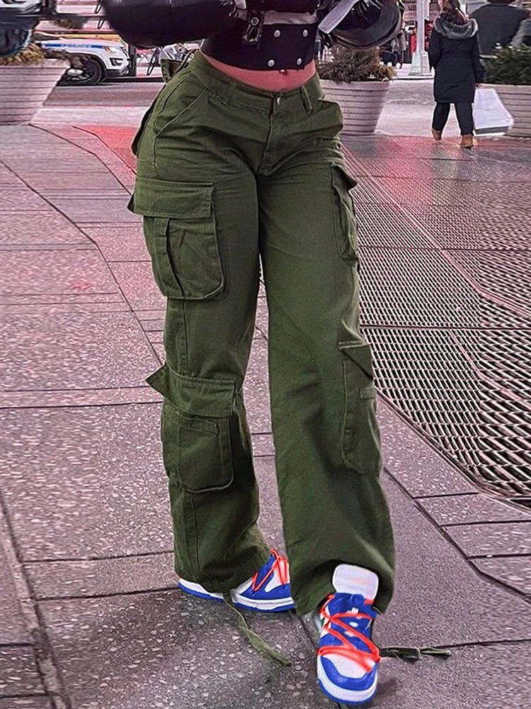 Womens New Denim Cargo Pants Retro Loose Trousers Multi Pocket Hip Hop Jeans Streetwear Wide Leg Casual Straight Pants TC708321 - Premium Kiosk