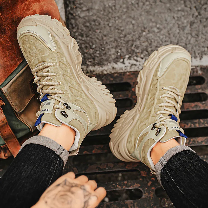 2025 Men's high-top thick-sole casual shoes versatile mixed material daddy sneakers outdoor tooling wear-resistant men's shoes