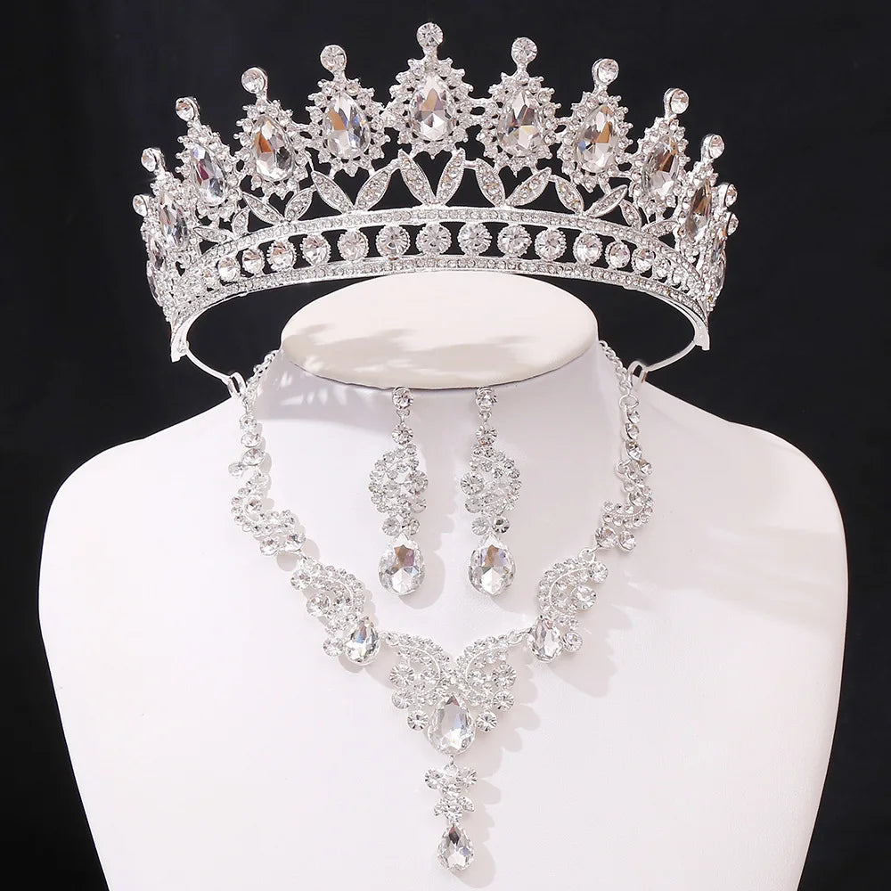 3pcs/set Princess Crown Bridal Jewelry Sets for Girls Water Drop Green Blue Red Crystal Tiaras Necklace Earrings New Jewelry Set