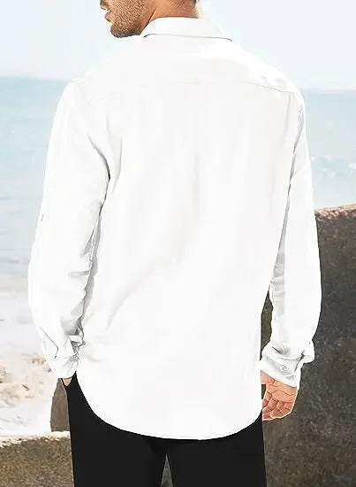 Men's Shirt Double-pocket Long-sleeved Shirt Casual Holiday Shirt Solid Color Simple Lapel Solid Color Work Shirt Top Shirt