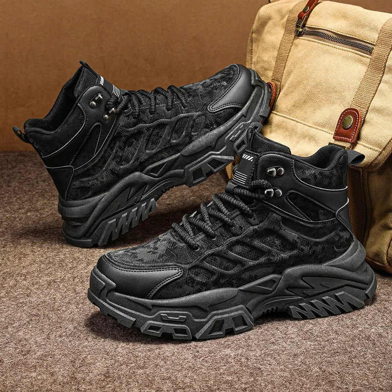 2025 Men's high-top thick-sole casual shoes versatile mixed material daddy sneakers outdoor tooling wear-resistant men's shoes