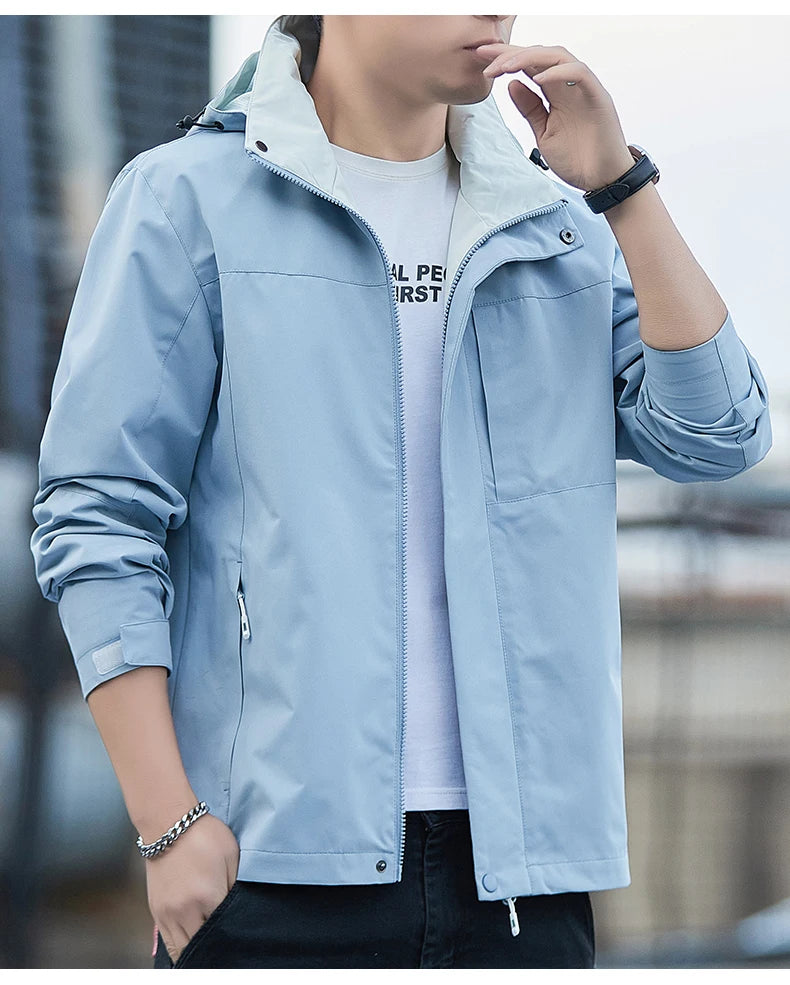 Jacket Men's 2025 Spring and Autumn Fashion Casual Waterproof Hooded Windbreaker Male Outdoor Camping Sports Solid Color Coat