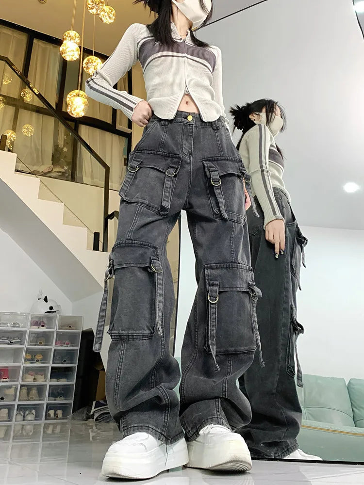2023 Cyber Y2K Streetwear Grey Distressed Baggy Cargo Jeans Pants For Women Multiple Pockets Wide Leg Hip Hop Lady Old Trousers - Premium Kiosk