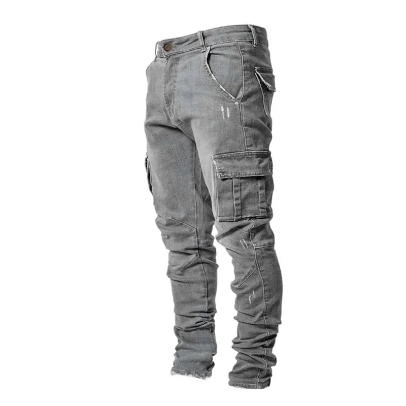 Fashion New Men's Denim Cargo Pants Multi-pockets Design Solid Slim Jeans Men Street Elastic Cowboy Trousers Daily Wear Joggers