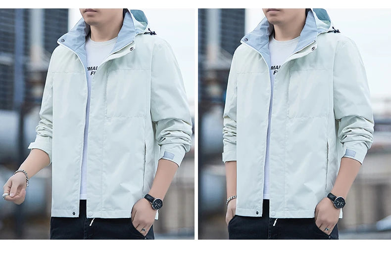 Jacket Men's 2025 Spring and Autumn Fashion Casual Waterproof Hooded Windbreaker Male Outdoor Camping Sports Solid Color Coat