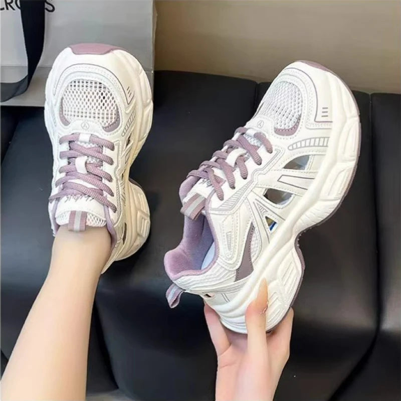 2025 New Fashion Dad Shoes -Breathable Hollow-Out Sneakers with Contrast Laces, Lightweight Summer Walking Shoes for Travel