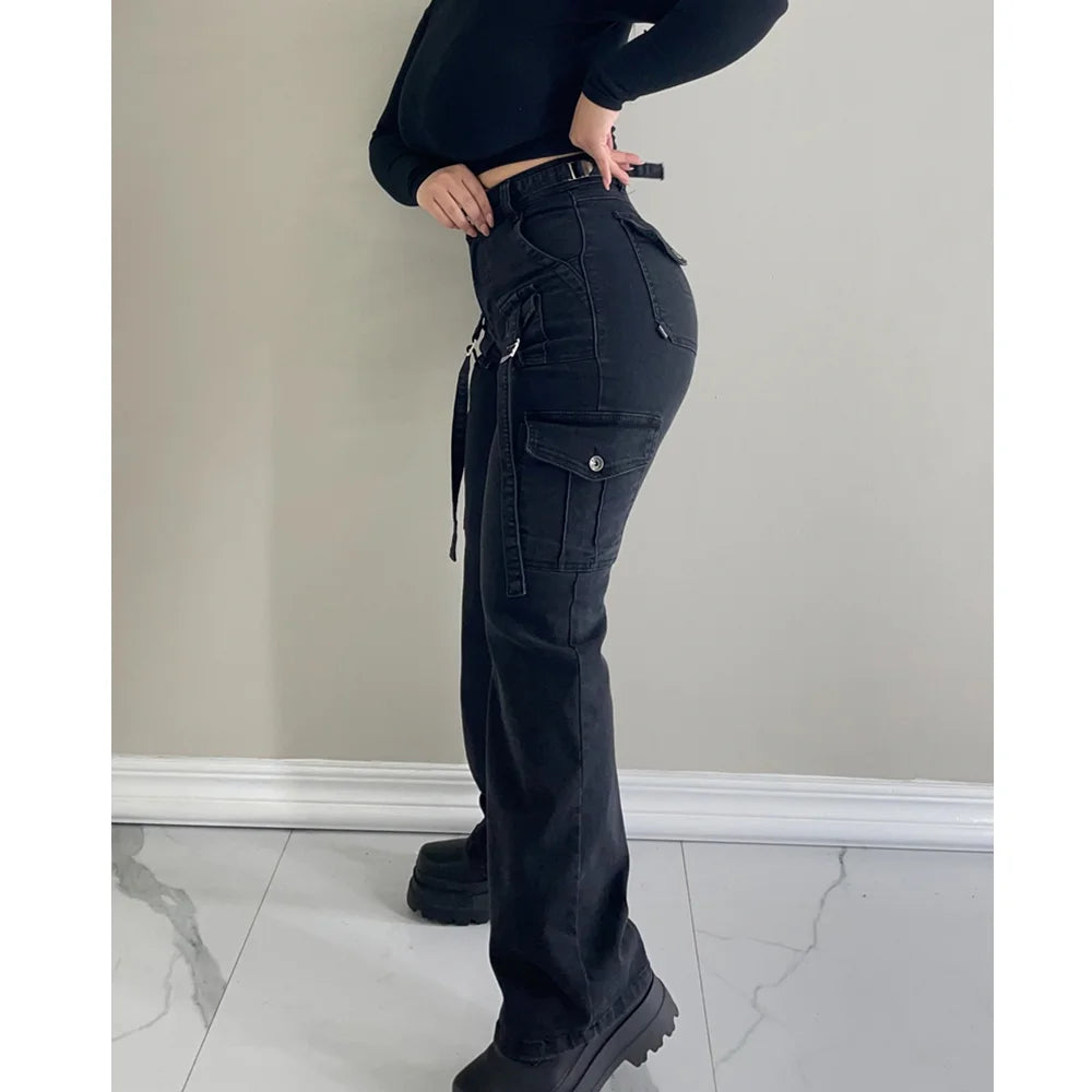 Women Straight Cargo Jeans Women's Streetwear Stretchy High Waisted Jeans Unique Multi-Pocket Female Trousers Pocket Design - Premium Kiosk