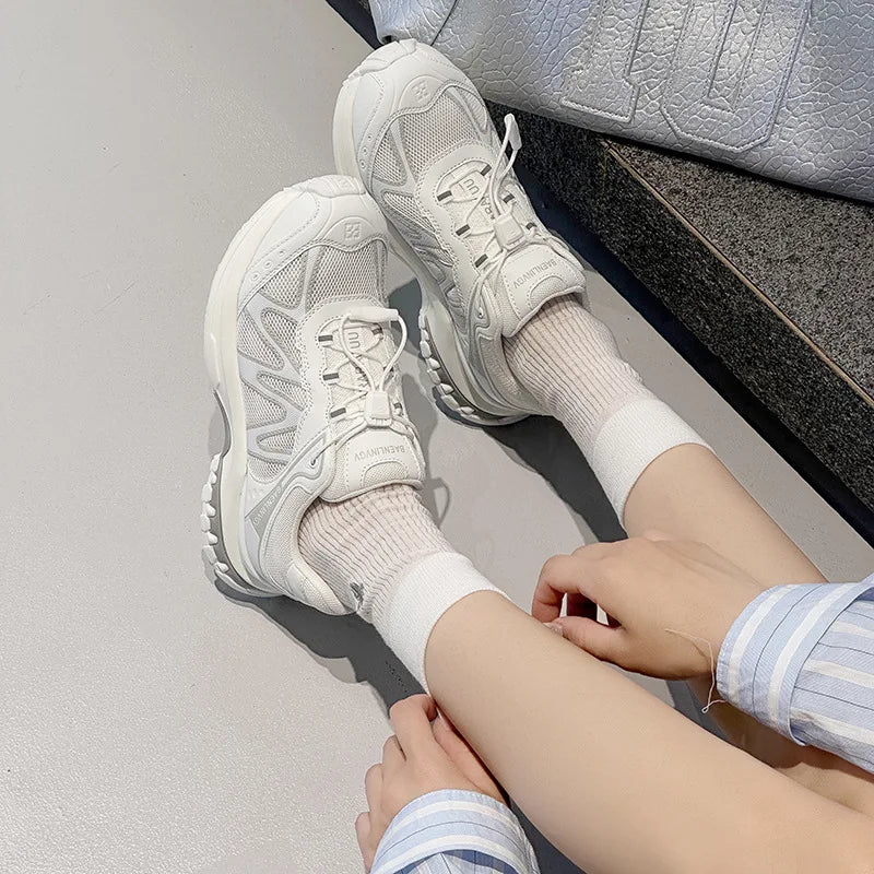 Women's Dad Shoes Thick Sole Heightening 2025 Spring Autumn Pure Color Adult Laced Comfortable Polyurethane Casual Sports Shoes
