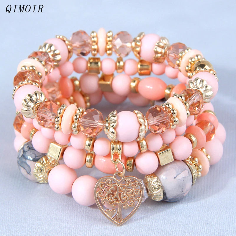 4 Pieces Stretch Beaded Bracelets Set For Women Heart Pendant Adjustable Colorful Charms New Fashion Jewelry Glass Stones C1338