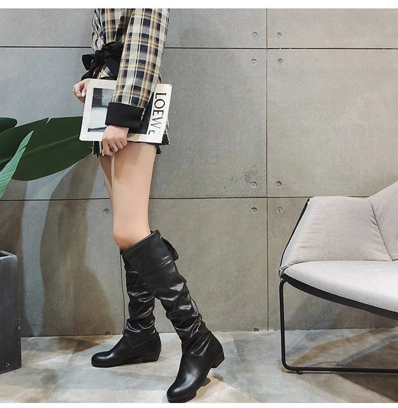 2023Shoes For Women Knee High Boots Red Black White Tall Boots Woman Pleated Low Heel Casual Leather Female Long Shoes