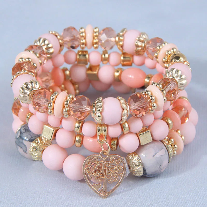 4 Pieces Stretch Beaded Bracelets Set For Women Heart Pendant Adjustable Colorful Charms New Fashion Jewelry Glass Stones C1338