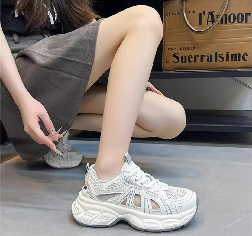 2025 New Fashion Dad Shoes -Breathable Hollow-Out Sneakers with Contrast Laces, Lightweight Summer Walking Shoes for Travel