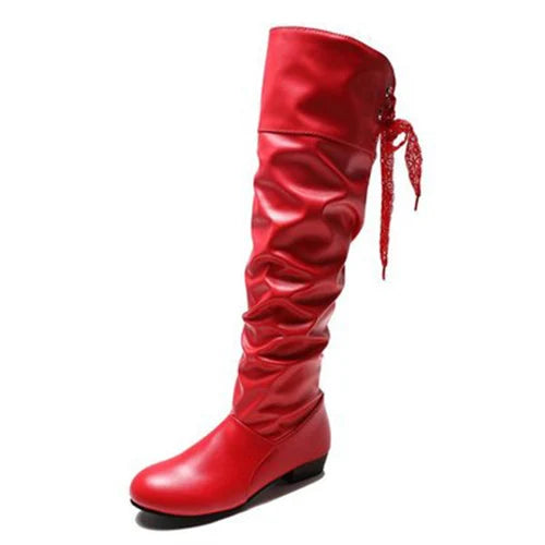 2024Shoes For Women Knee High Boots Red Black White Tall Boots Woman Pleated Low Heel Casual Leather Female Long Shoes