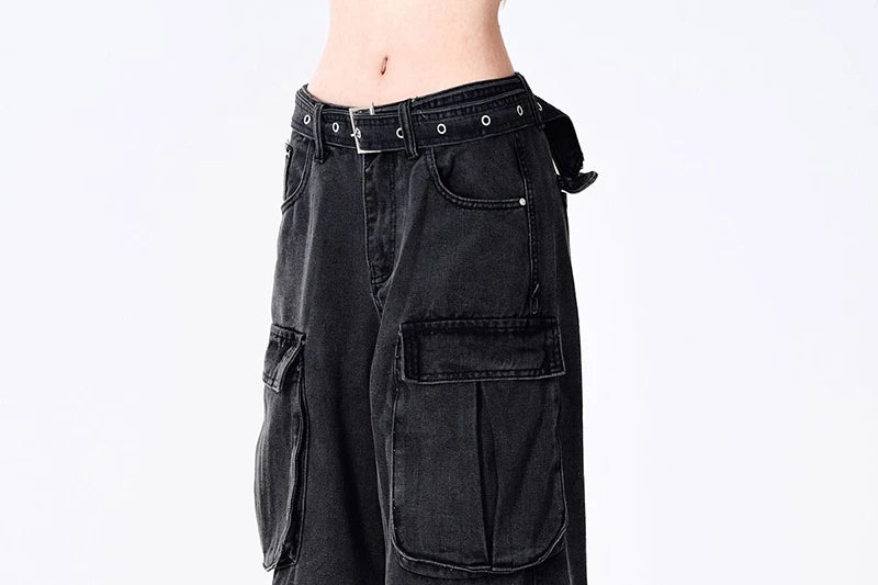 Y2K 2000S Black Cargo Jeans Women Vintage Streetwear Wide Leg Denim Pants Harajuku Aesthetic High Waist Baggy Straight Trousers - Premium Kiosk