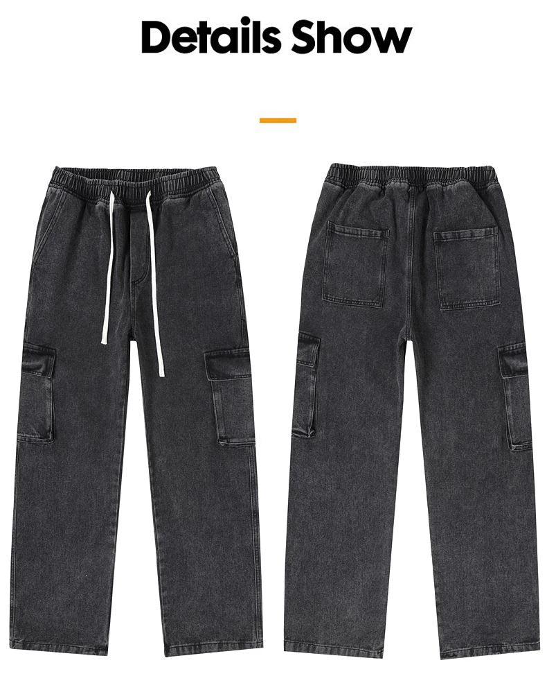 Men's Baggy Straight Cargo Jeans Elastic Waist Drawstring Casual Pants High Street Fashion Vintage Trousers Male Trendy Brand