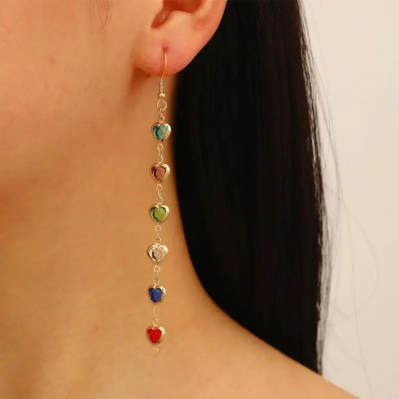 2025 New Trendy Long Earrings Featuring Colorful Geometric Shapes and Artificial GemsDangle Ear Hook for a Standout Look