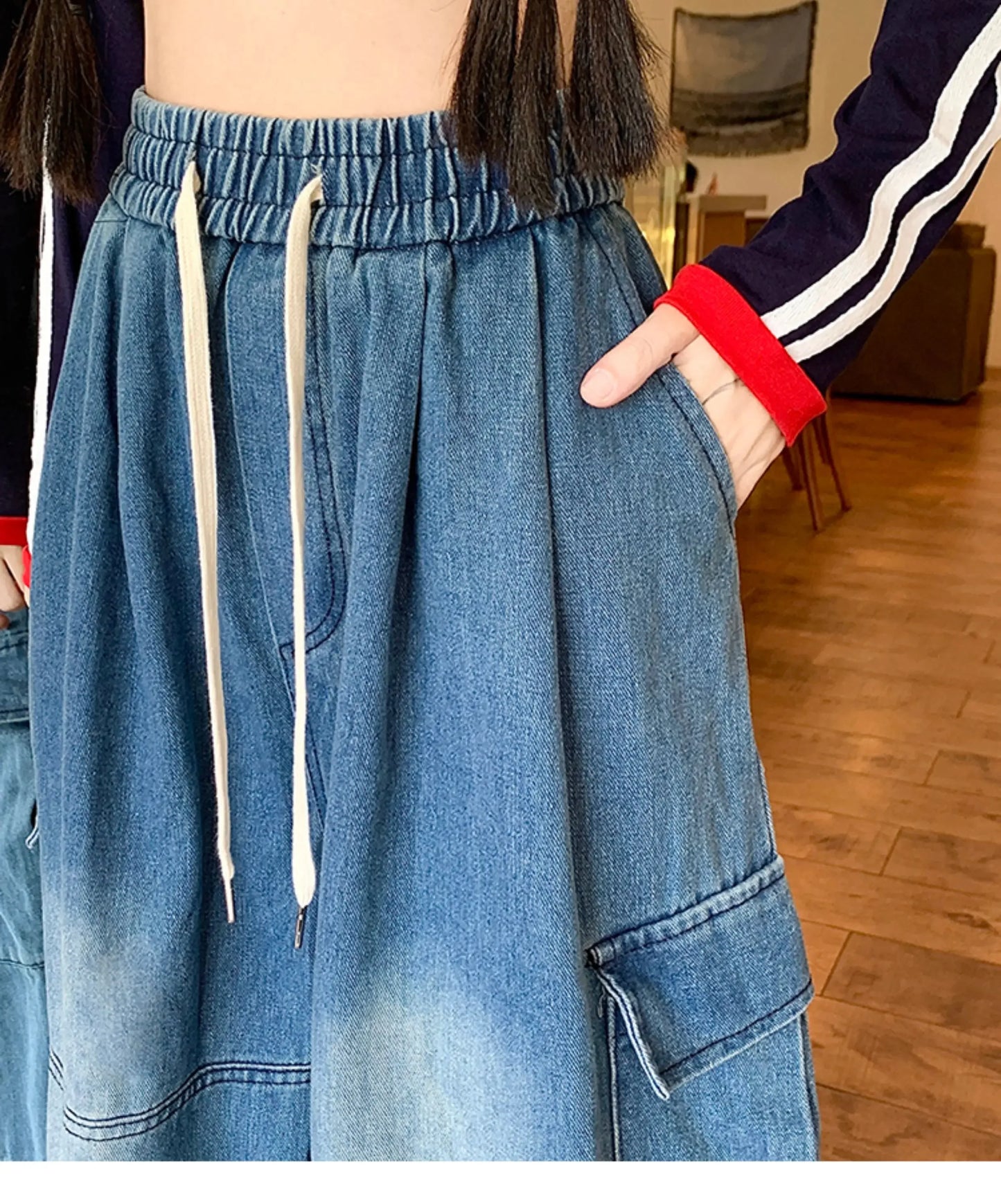 Cargo Jean Loose Wide Leg Workwear Jeans Elastic Waist Men and Women Spring Autumn Faion Brand Waed Out Trousers Straight Cut