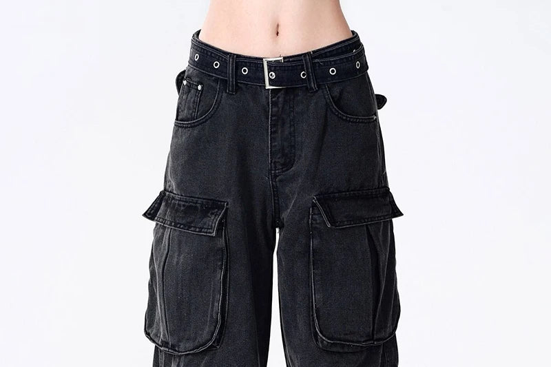 Y2K 2000S Black Cargo Jeans Women Vintage Streetwear Wide Leg Denim Pants Harajuku Aesthetic High Waist Baggy Straight Trousers - Premium Kiosk
