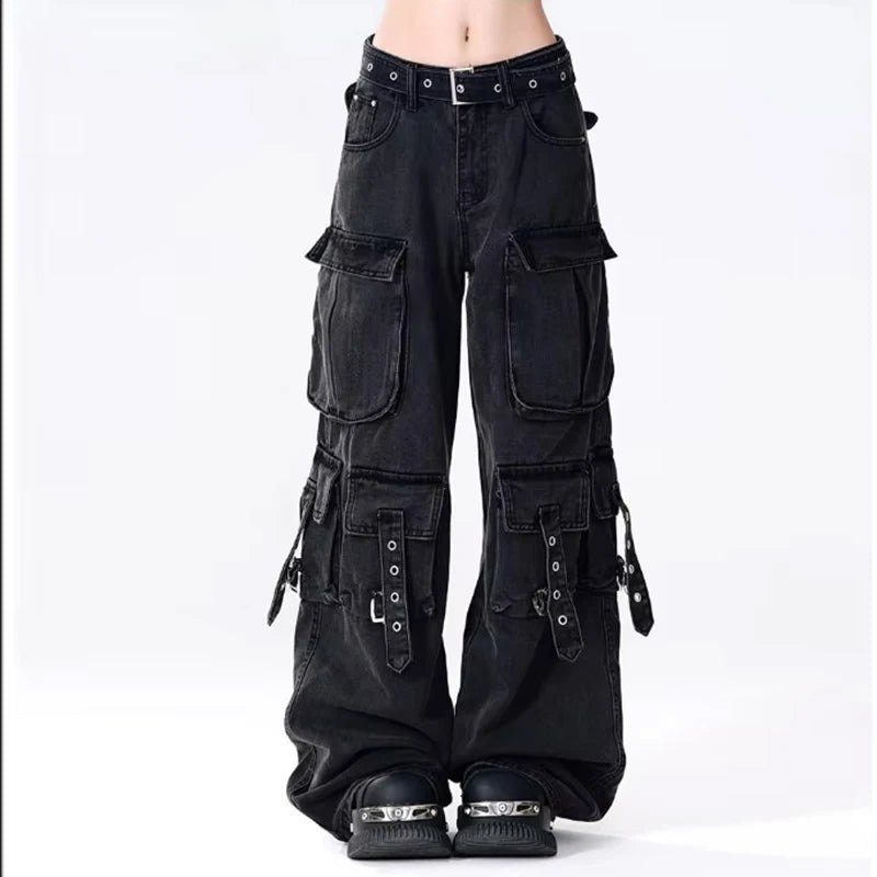 Women's Black Baggy Cargo Jeans Harajuku Oversize Denim Trousers Y2k 90s Vintage 2000s Jean Pants Trashy Clothes 2025 - Premium Kiosk
