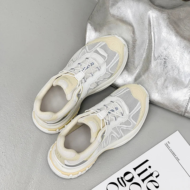 Women's Dad Shoes Thick Sole Heightening 2025 Spring Autumn Pure Color Adult Laced Comfortable Polyurethane Casual Sports Shoes