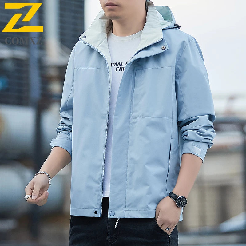 Jacket Men's 2025 Spring and Autumn Fashion Casual Waterproof Hooded Windbreaker Male Outdoor Camping Sports Solid Color Coat