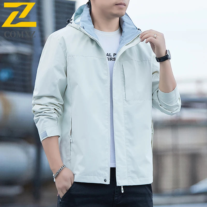 Jacket Men's 2025 Spring and Autumn Fashion Casual Waterproof Hooded Windbreaker Male Outdoor Camping Sports Solid Color Coat