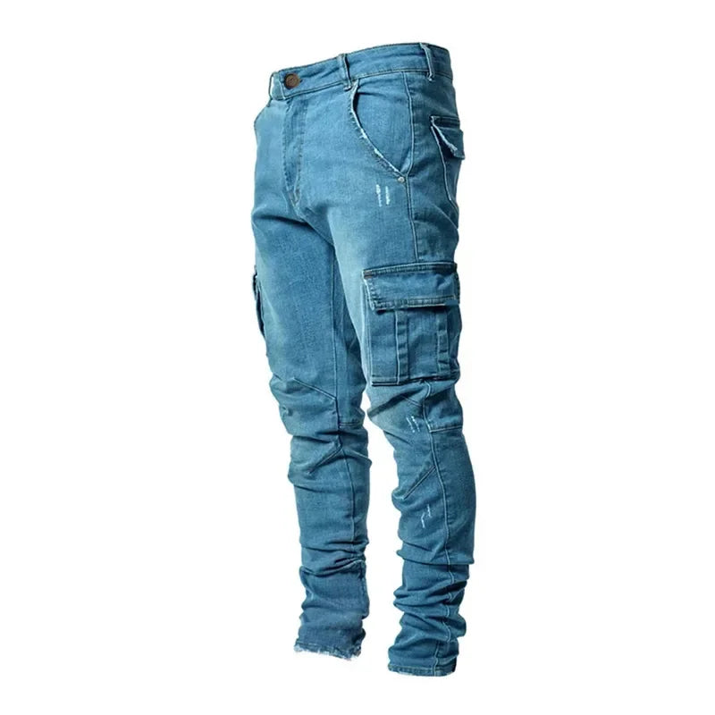 Fashion New Men's Denim Cargo Pants Multi-pockets Design Solid Slim Jeans Men Street Elastic Cowboy Trousers Daily Wear Joggers