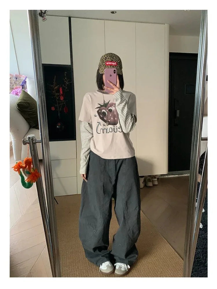 Women's Y2K Vintage Wash Cargo Jeans Harajuku Scimitar Wide Leg American Retro Denim Pants Baggy Trousers Gyaru Streetwear - Premium Kiosk