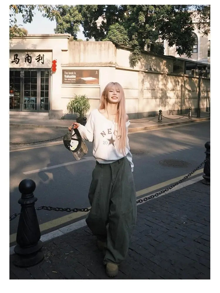 Women's Y2K Vintage Wash Cargo Jeans Harajuku Scimitar Wide Leg American Retro Denim Pants Baggy Trousers Gyaru Streetwear - Premium Kiosk