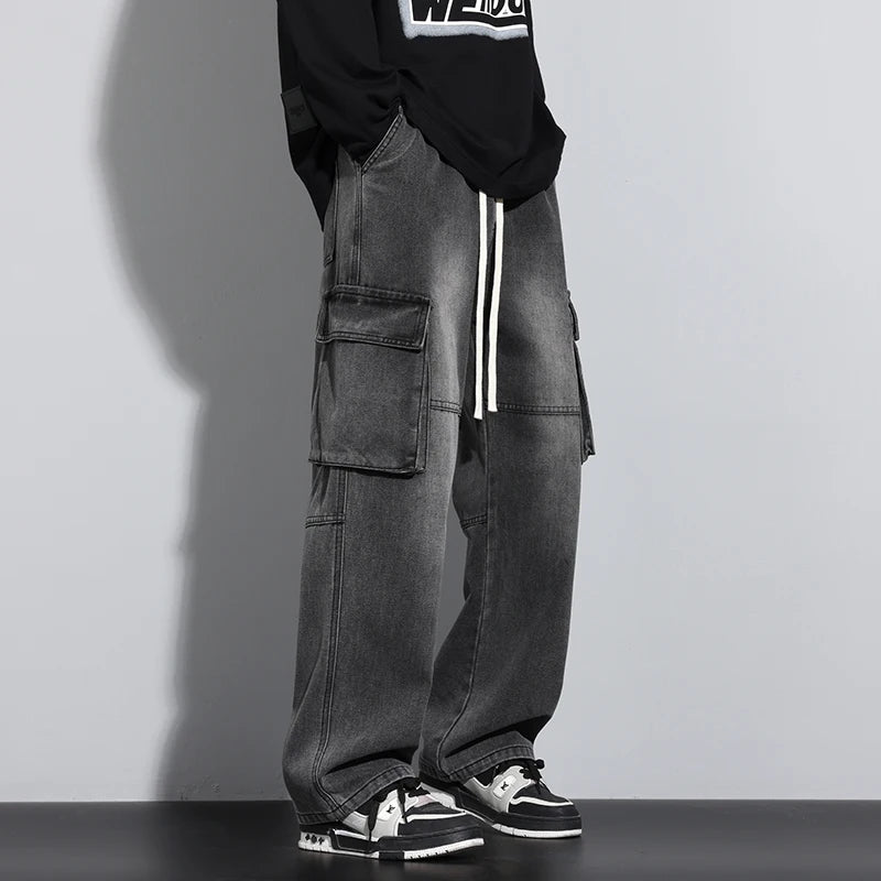 Men's Straight Cargo Jeans New Elastic Waist Multi-pockets Baggy Denim Pants Y2K Fashion Harajuku Streetwear Trousers Male - Premium Kiosk