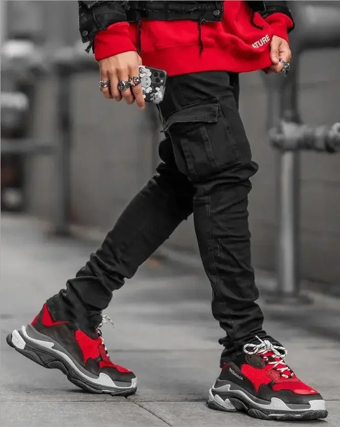 2025 Men Jeans Pencil Pants Cargo Denim Solid Ankle Length Washing Punk Mid Waist Sheath Gothic Slight Strech High Street - Premium Kiosk