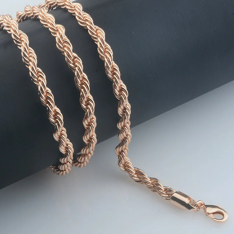 5mm Women Men 585 Rose Gold Color Rope Style Necklace Bracelet Set Jewelry