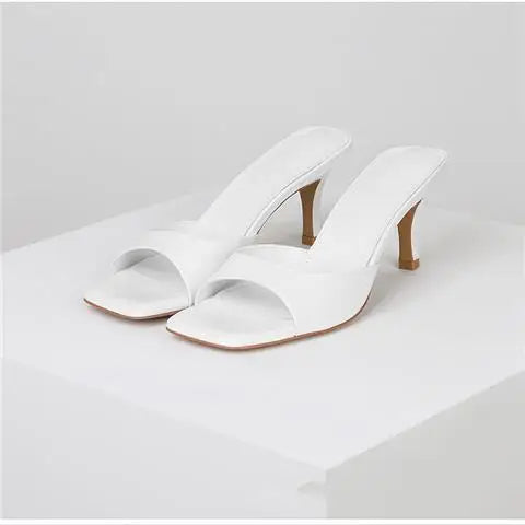 2024 Summer Slippers for Women Simple Mules Solid Color Women' Square Toe Stiletto Shoes Comfort Breathable Shallow High Heels - Premium Kiosk