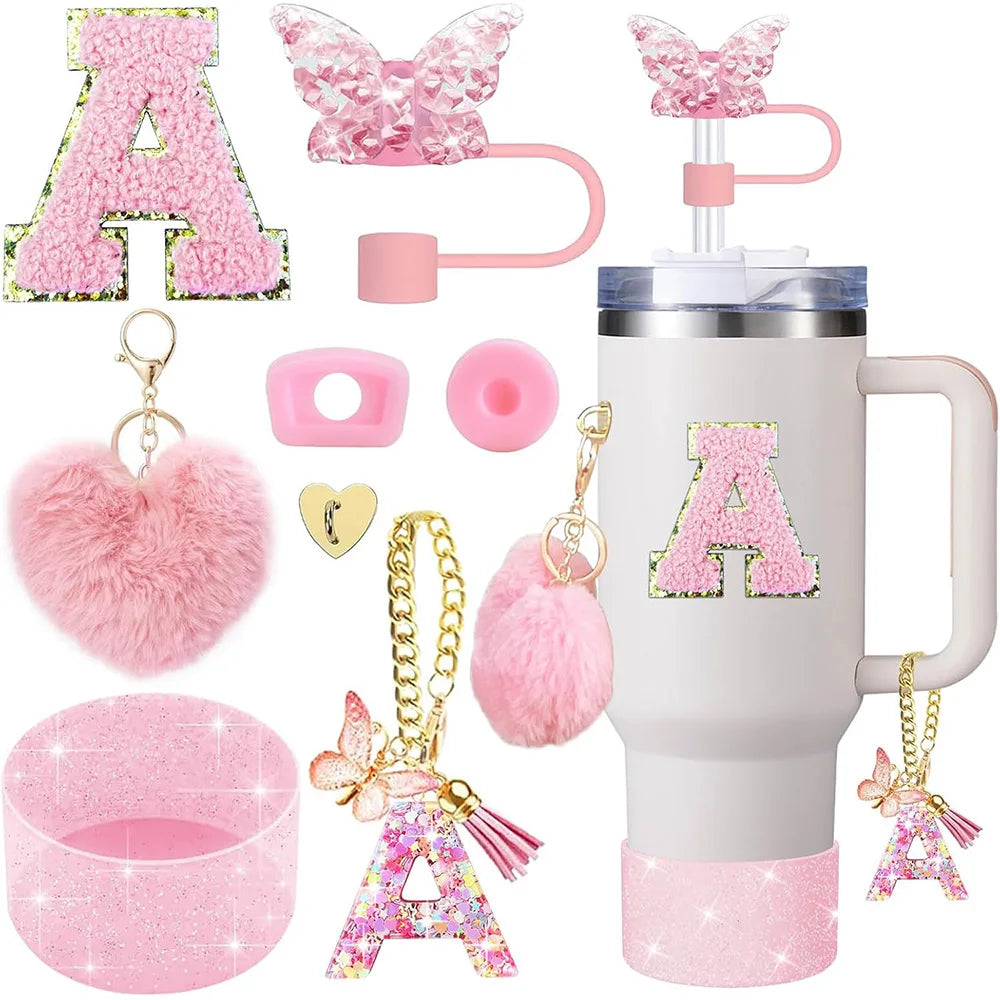 8pcs Cup Accessories for Stanley Cup 30oz 40oz Includes Butterfly Straw Cover Cap Silicone Boot Handle Charm Initials Sticker
